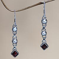 Cultured pearl and garnet dangle earrings, 'Dew' - Cultured pearl and garnet dangle earrings