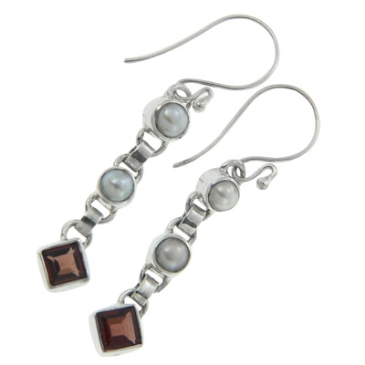 Cultured pearl and garnet dangle earrings, 'Dew' - Cultured pearl and garnet dangle earrings