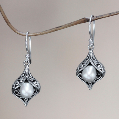 Cultured pearl dangle earrings, 'Lily of Bali' - Cultured pearl dangle earrings