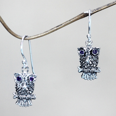 Amethyst dangle earrings, 'Baby Owl' - Sterling Silver and Amethyst Bird Earrings