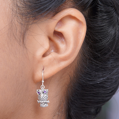 Amethyst dangle earrings, 'Baby Owl' - Sterling Silver and Amethyst Bird Earrings