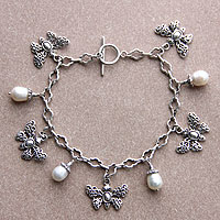 Cultured pearl charm bracelet, 'Butterfly Vignette' - Butterflies and Pearls Silver 925 Charm Bracelet