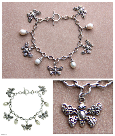 pulsera con charm de perlas cultivadas - Pulsera Charm Mariposas y Perlas Plata 925