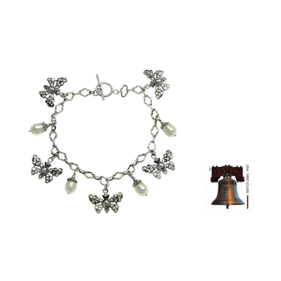 Charm-Armband aus Zuchtperlen - Charm-Armband aus Silber 925 mit Schmetterlingen und Perlen