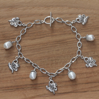 Cultured pearl charm bracelet, 'Baby Butterfly' - Cultured pearl charm bracelet