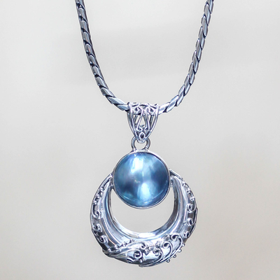 Cultured pearl pendant necklace, 'Blue Crescent Moon' - Cultured pearl pendant necklace