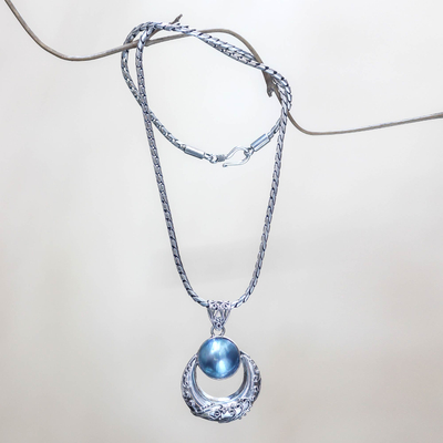 Cultured pearl pendant necklace, 'Blue Crescent Moon' - Cultured pearl pendant necklace