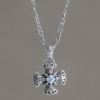 Blue topaz pendant necklace, 'Floral Cross' - Blue topaz pendant necklace