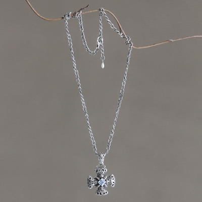 Blue topaz pendant necklace, 'Floral Cross' - Blue topaz pendant necklace