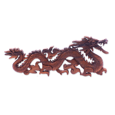 Wood wall sculpture, 'Baru Klinthing Dragon' - Handmade Suar Wood Relief Panel