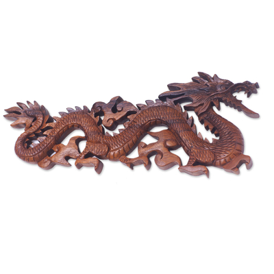 Wood wall sculpture, 'Baru Klinthing Dragon' - Handmade Suar Wood Relief Panel
