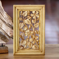 Wood relief panel, 'Hibiscus Tree' - Wood relief panel
