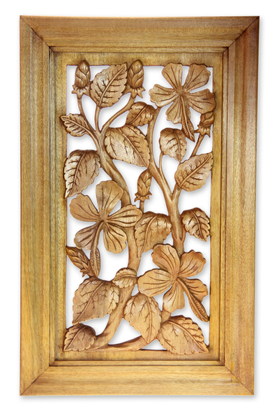 Wood relief panel, 'Hibiscus Tree' - Wood relief panel