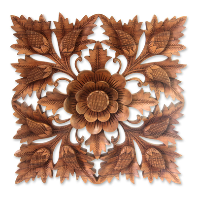 Wood relief panel - Matahari Flower | NOVICA