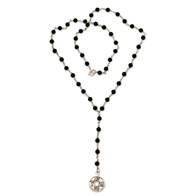 Onyx Y necklace, 'Good Fortune' - Onyx and Sterling Silver Chinese Coin Y Necklace