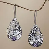 Amethyst flower earrings, 'Butterflies and Frangipani' - Sterling Silver and Amethyst Butterfly Earrings from Bali