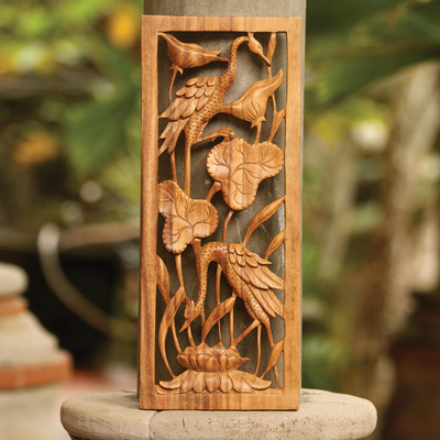 Wood relief panel, Herons in a Lotus Pond