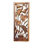 Wood relief panel, 'Herons in a Lotus Pond' - Hand Made Suar Wood Bird Relief Panel