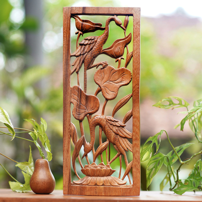 Wood relief panel, 'Herons in a Lotus Pond' - Hand Made Suar Wood Bird Relief Panel