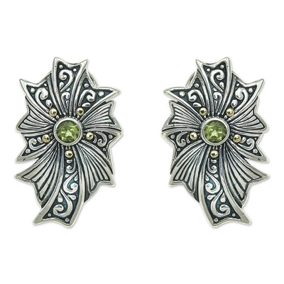 Gold accent peridot button earrings, 'Gracious Lady' - Gold accent peridot button earrings