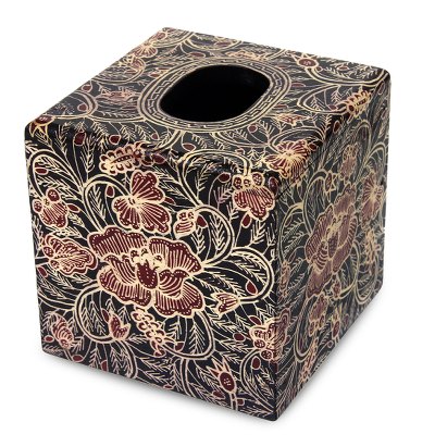 Wood batik tissue box cover, 'Wild Hibiscus' - Square Wood Batik Tissue Box Cover from Bali