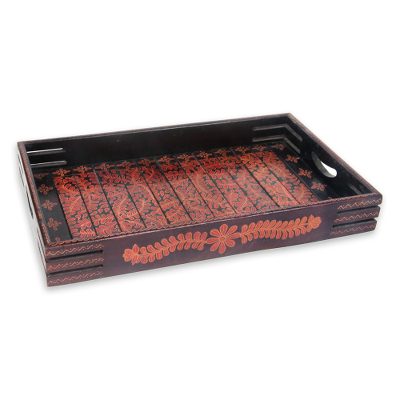 Wood batik tray, 'Orange Paddy' - Hand Crafted Wood Batik Tray from Indonesia