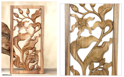 Wood relief panel, 'Bali Orchid' - Hand Carved Orchid Relief Wall Panel