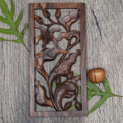 Wood relief panel, 'Bali Orchid' - Hand Carved Orchid Relief Wall Panel