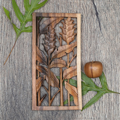 Wood relief panel, 'Balinese Heliconia' - Floral Balinese Relief Panel Hand Carved Wall Sculpture