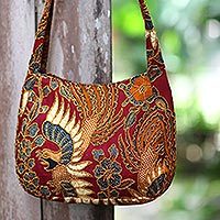 Beaded cotton batik shoulder bag, 'King's Bird' - Beaded Red Cotton Batik Bag