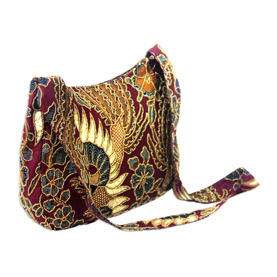 Batik-Umhängetasche aus Baumwolle, 'King's Bird' - Batik-Umhängetasche aus roter Baumwolle