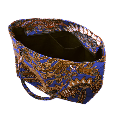 Beaded cotton batik tote handbag, 'Glorious Java' - Beaded Blue Cotton Batik Handbag Hand Crafted in Bali