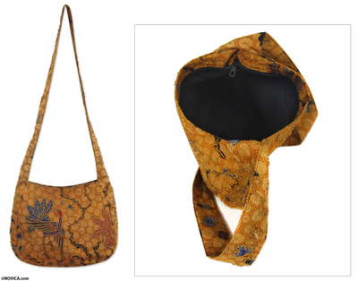 Beaded cotton batik shoulder bag, 'Madura Peacock' - Beaded Cotton Batik Shoulder Bag