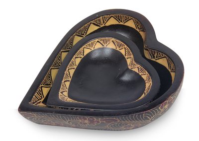 Wood batik bowls, 'Phoenix Heart' (pair) - Wood batik bowls