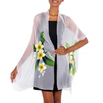 Hand painted silk shawl, 'Yellow Frangipani' - Handpainted Floral Sheer Silk Shawl