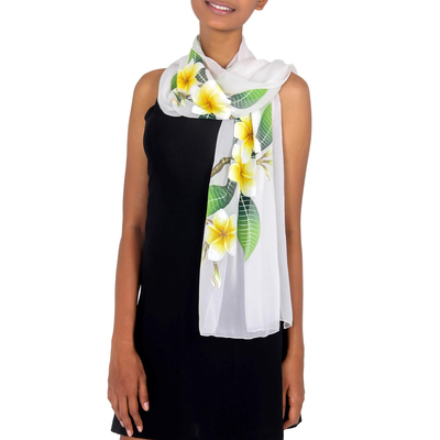 Hand painted silk shawl, 'Yellow Frangipani' - Handpainted Floral Sheer Silk Shawl