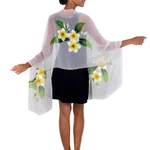 Hand painted silk shawl, 'Yellow Frangipani' - Handpainted Floral Sheer Silk Shawl