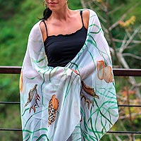 Hand painted silk shawl, 'Balinese Seashells' - Handpainted White Silk Shawl with Seashells