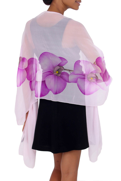 Hand painted silk shawl, 'Lavender Orchid' - Lavender Orchid Handpainted Silk Chiffon Shawl