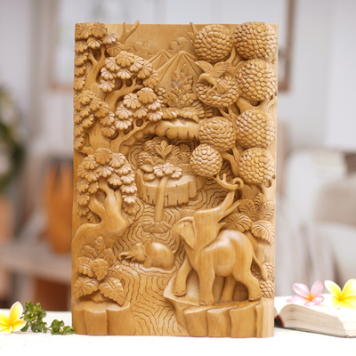 Wood relief panel, 'Elephants in the Wild' - Unique Relief Panel Hand-carved Wood Signed Wall Art