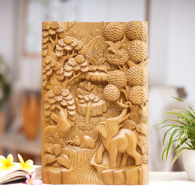 Wood relief panel, 'Elephants in the Wild' - Unique Relief Panel Hand-carved Wood Signed Wall Art