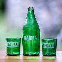 Recycled glass carafe and glasses, 'Karma Effect' (set for 2) - Unique Recycled Glass Carafe with Two Glasses