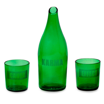 Recycled glass carafe and glasses, 'Karma Effect' (set for 2) - Recycled glass carafe and glasses
