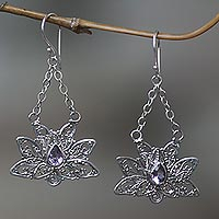 Amethyst dangle earrings, 'Treasured Lotus' - Amethyst flower earrings