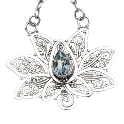 Blue topaz dangle earrings, 'Treasured Lotus' - Blue topaz flower earrings