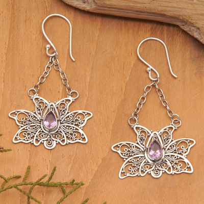 Garnet dangle earrings, 'Treasured Lotus' - Garnet flower earrings
