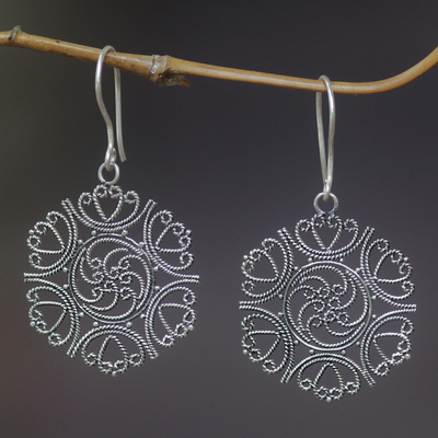 Sterling silver floral earrings, 'Heart of Rose' - Sterling silver floral earrings