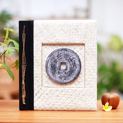 Wood and natural fibers photo album, 'Lucky Coin' (4x6) - Handcrafted Photo Album Natural Fibers 80 Photos (4x6)