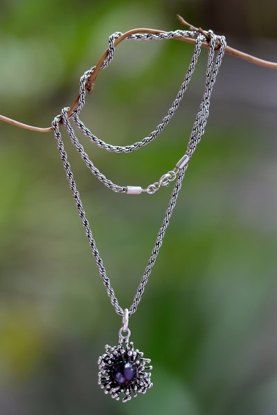 Cultured pearl pendant necklace, 'Menjangan Treasure' - Fair Trade Sterling Silver and Pearl Pendant Necklace