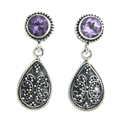 Silver and Amethyst Earrings Balinese Handcrafted Jewelry